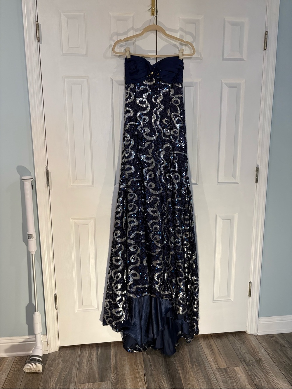 Alyce Designs vintage Strapless High-Low Sequin Evening Dress in Navy/silver